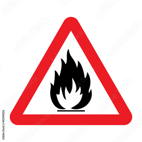 Fire warning sign. Flammable substances symbol. Vector illustration of red triangle warning sign with flame fire inside. Attention. Danger zone. Caution flammable materials. Keep away from fire.