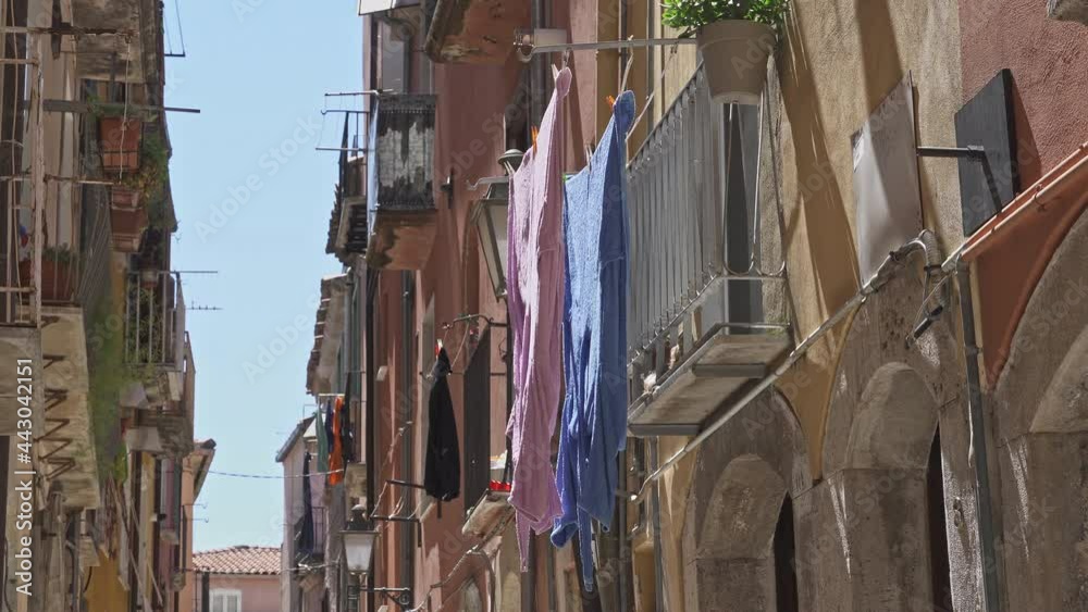 Colorful and characteristic alleys with clothes hanging in Isernia. Isernia, Molise, Italy, Europe