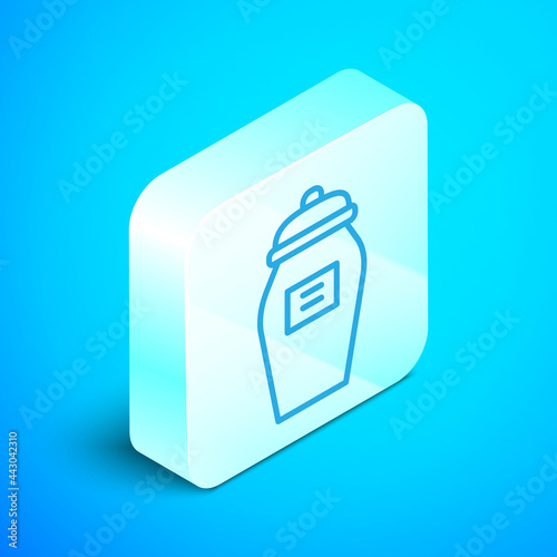 Isometric line Funeral urn icon isolated on blue background. Cremation and burial containers, columbarium vases, jars and pots with ashes. Silver square button. Vector
