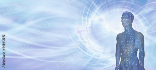 Acupuncture Model Energy Meridians Message Banner - a flowing blue vortex energy background with half an acupuncture dummy in a blue colour showing meridians and space for copy
