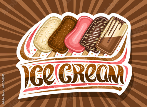 Vector logo for Ice Cream Bar, decorative signboard with illustration of 5 different colorful popsicle with nuts in a row, poster with unique lettering for brown words ice cream on abstract background