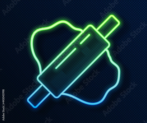 Glowing neon line Rolling pin on dough icon isolated on blue background. Vector