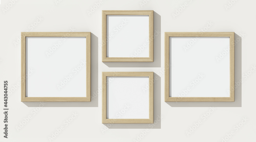 Wooden frames on white wall. 3D render wooden frame mock up. Empty interior. 3D illustrations. 3D design interior. Template for business.	