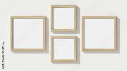Wooden frames on white wall. 3D render wooden frame mock up. Empty interior. 3D illustrations. 3D design interior. Template for business. 
