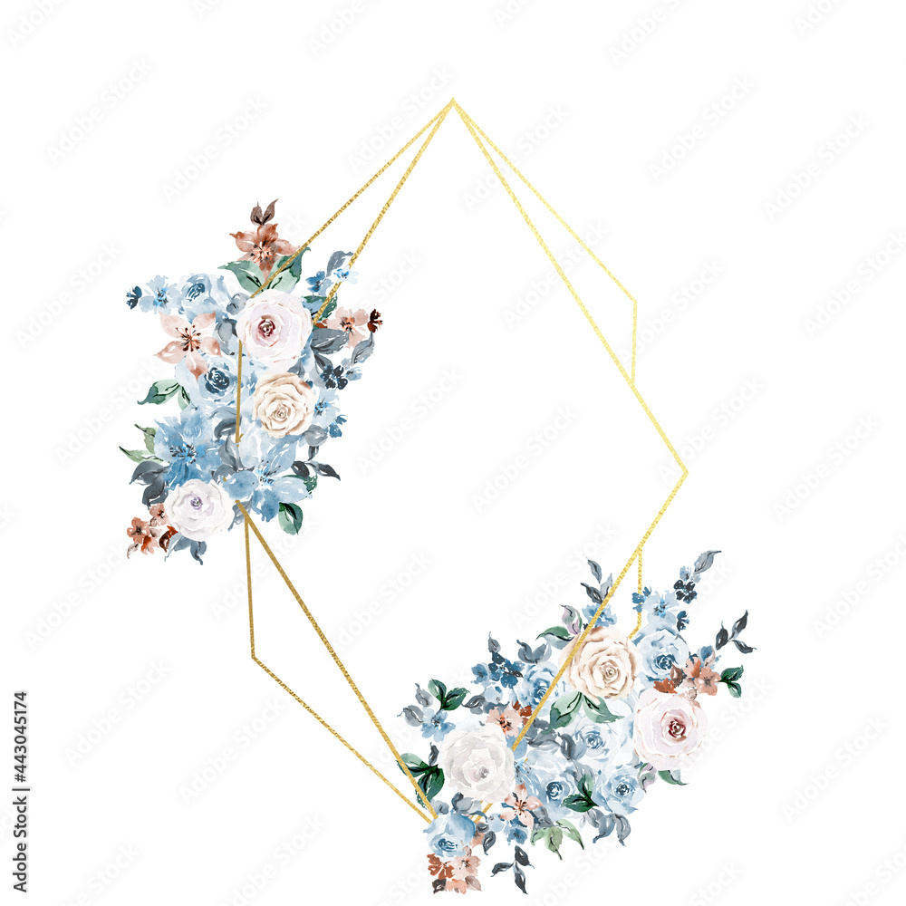 Dusty blue floral frame clipart, Boho navy blue, cream and gold bouquet ...