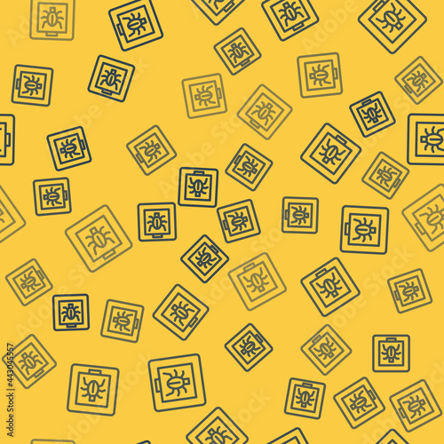 Blue line Insects in a frame icon isolated seamless pattern on yellow background. Herbarium. Vector