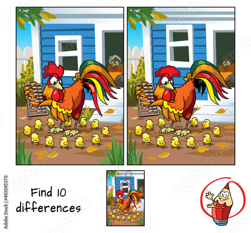 Rooster counting chicks. Find 10 differences