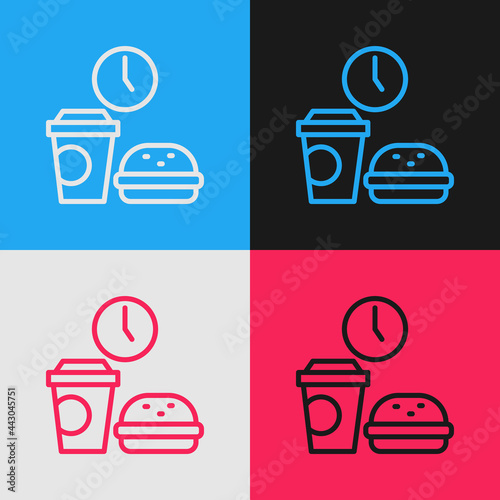 Pop art line Fast food time icon isolated on color background. Vector