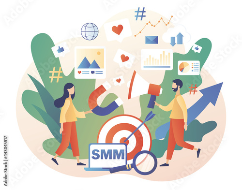 Tiny people work social media managers. SMM concept. SMM course or school. Digital marketing, online advertising. Modern flat cartoon style. Vector illustration on white background