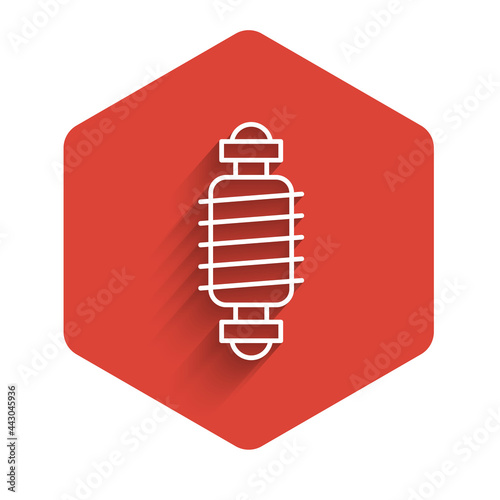 White line Bicycle suspension icon isolated with long shadow. Red hexagon button. Vector