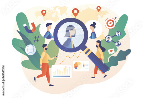 Target audience, customers outreach. Tiny people set up advertice on social networks. Business goal concept. Digital targeting marketing, sales generation. Modern flat cartoon style. Vector 