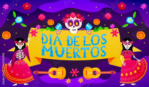 Greeting card for mexican holiday dia de los muertos festival with colourful lettering and dancing skeleton characters in traditional outfits, floral ornate and sugar skulls, day of the dead