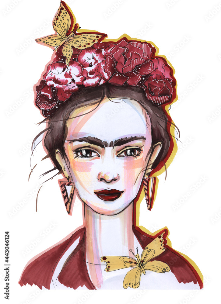 Fotografie Mexican woman Frida Kahlo fashion illustration Exotic Portrait on white backgrou