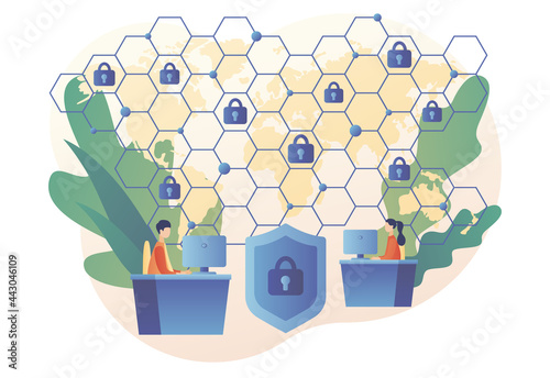 Global network security. Tiny people protection of computer services and electronic information. Cyber security. Data protection. Digital access and online safety. Modern flat cartoon style. Vector 