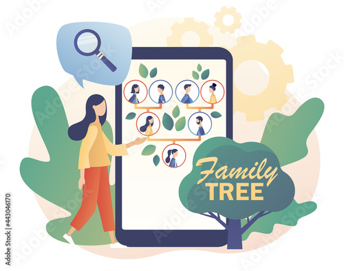 Genealogy online. Family tree in smartphone app. Tiny people: grandparents, parents, children. Pedigree. Example of relatives connection data. Modern flat cartoon style. Vector illustration  photo