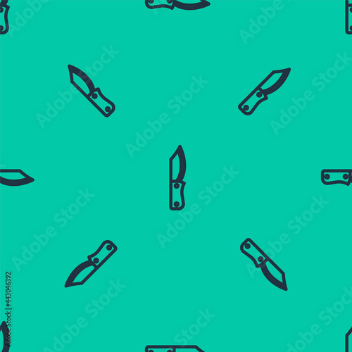 Blue line Military knife icon isolated seamless pattern on green background. Vector