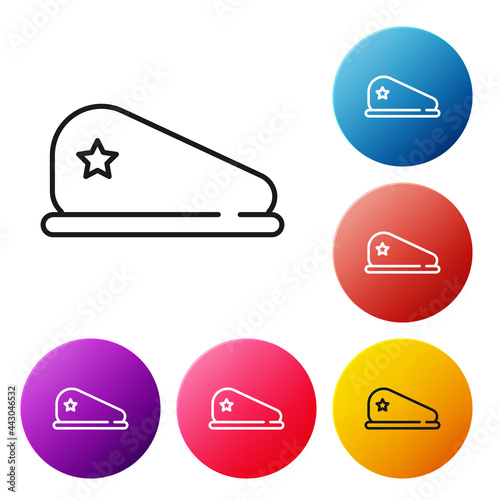 Black line Military beret icon isolated on white background. Soldiers cap. Army hat. War baret. Set icons colorful circle buttons. Vector