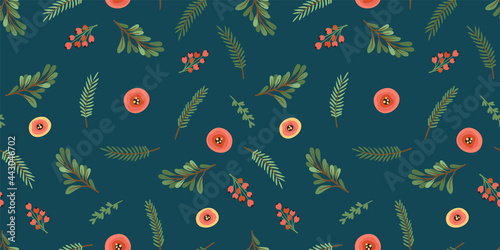 Christmas and Happy New Year seamless pattern. Christmas tree, flowers, berries. New Year symbols.