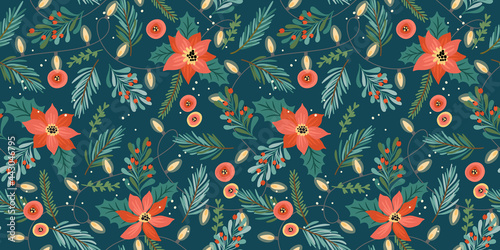 Christmas and Happy New Year seamless pattern. Garlands, christmas tree, light bulbs, flowers, berries. New Year symbols.