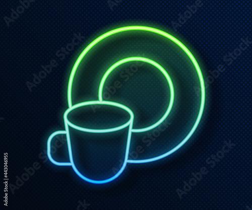 Glowing neon line Washing dishes icon isolated on blue background. Cleaning dishes icon. Dishwasher sign. Clean tableware sign. Vector