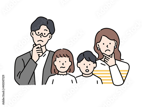 ファミリーイラスト(夫婦、親子、子供、ビジネス、疑問、悩む、考える、共働き) Family illustrations.husband and wife, parent and child, children, business, kids, dual-income .question
