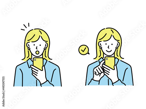 スマートフォンを持った女性のイラスト(スマホ、SNS、ソーシャル、キャッシュレス、ネットワーク) Hand with phone. QR code concept illustration of man scanning barcode using mobile smartphone for online shopping and payment. Flat vector illustration