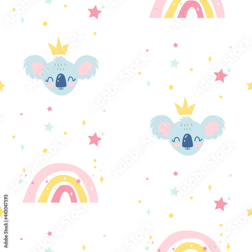 Vector seamless childish pattern with a сute baby koala with a crown on its head and a rainbow isolated on a white background. 