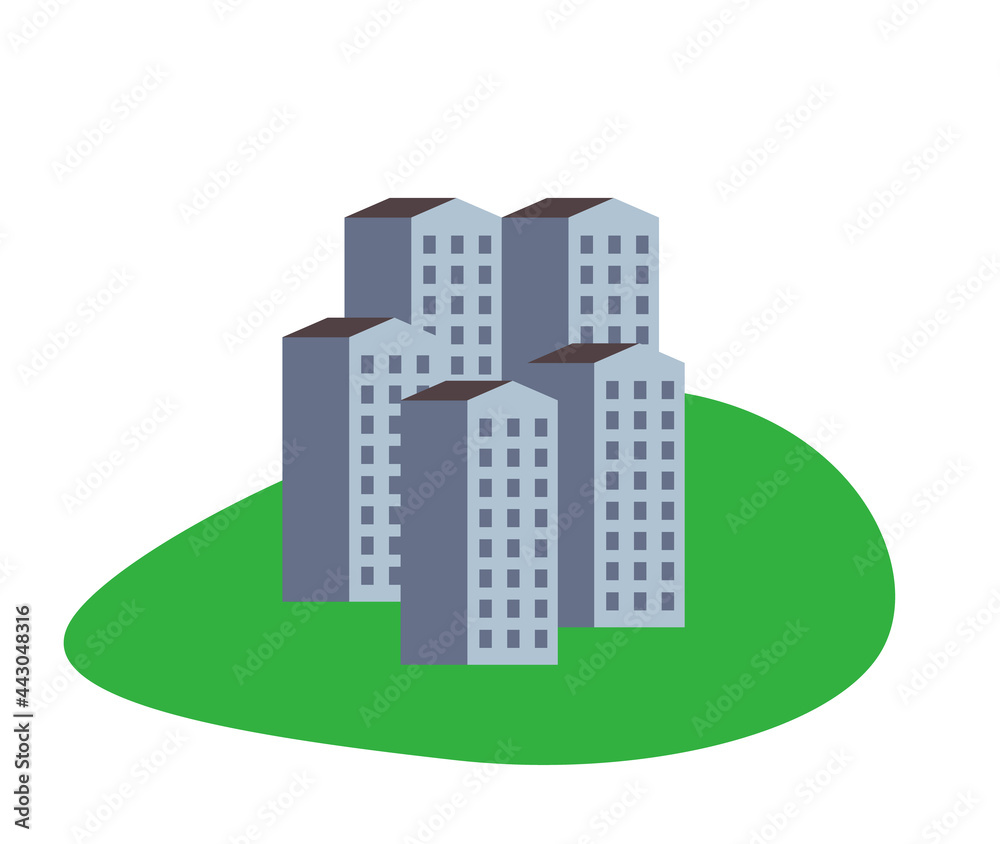 Buildings icon on green geometric shape isolated on white background. Sustainable city Living concept. Property sale flyer. Real estate mortgage. Rental flat. New residential district. Interest rate.