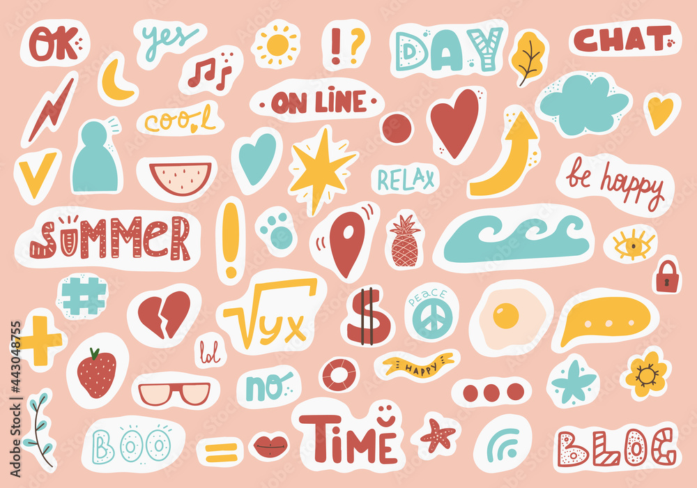 Cute sticker template decorated with cartoon image and trendy lettering. Signs, symbols, objects for scheduler or organizer Cute sticker template decorated with cartoon image and trendy lettering. Signs, symbols, objects for scheduler or organizer