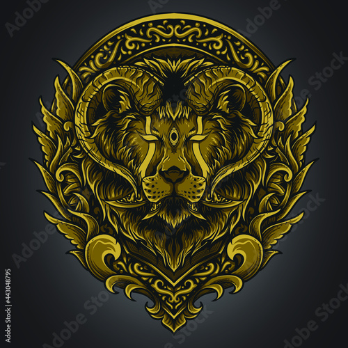 artwork illustration and t shirt design lion horn engraving ornament