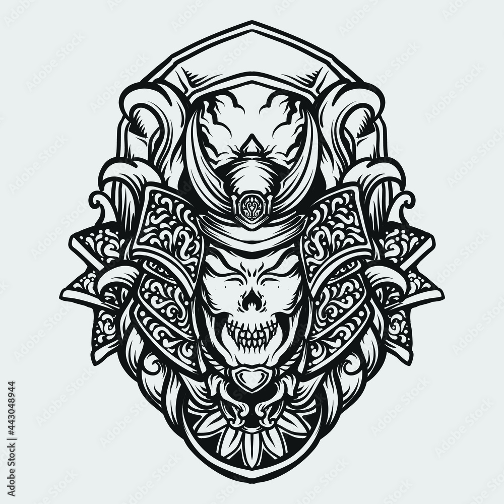 tattoo and t shirt design black and white hand drawn samurai skull engraving ornament