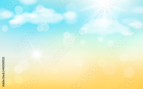Abstract summer background with sunbeams and bokeh effect. Illustration of sand clouds and sky with bright sun.