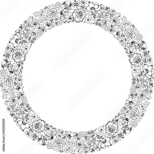 Decorative floral round border from  various drawn fantasy flowers