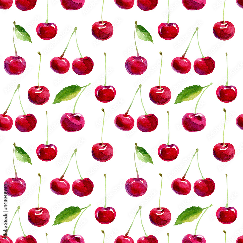 Watercolor berries seamless pattern. Bright red cherry berries with twigs and leaves, isolated on a white background. Watercolor berries seamless pattern. Bright red cherry berries with twigs and leaves, isolated on a white background.
