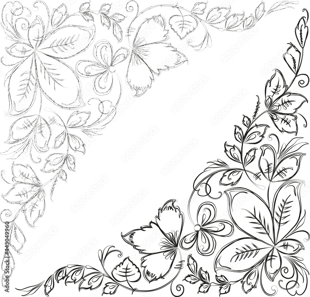 Fototapeta premium Outline vector drawings of decorative floral corners from fantasy leaves, tendrils and flowers