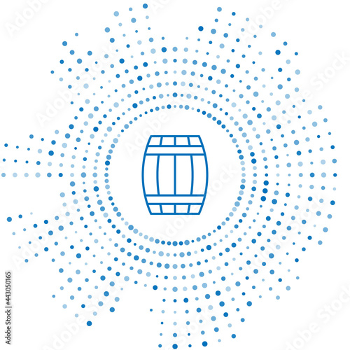 Blue line Wooden barrel icon isolated on white background. Alcohol barrel, drink container, wooden keg for beer, whiskey, wine. Abstract circle random dots. Vector