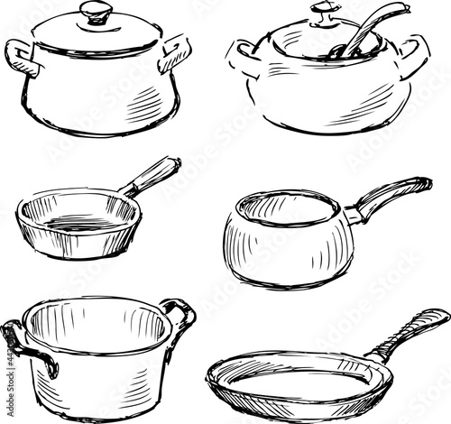 Sketches of set of various kitchenware for cooking