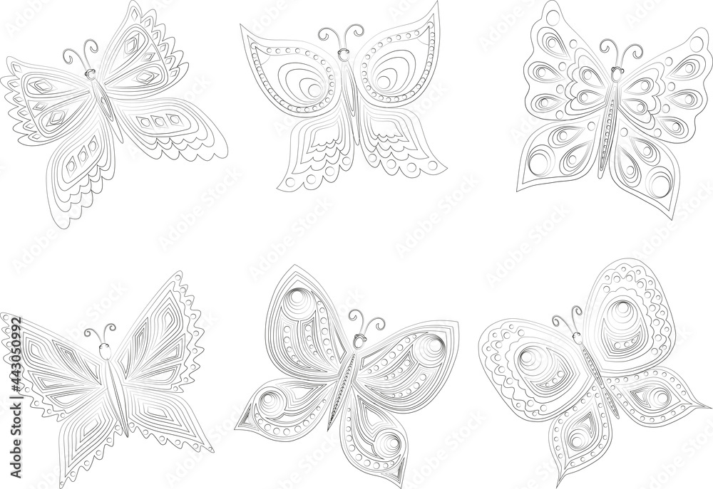 Vector contour drawings of set ornamental fantasy butterflies