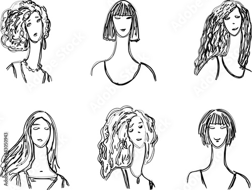 Vector contour drawings of doodle portraits young fashionable modern women