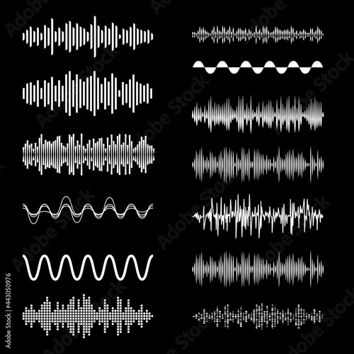 Sound Waves Set on Black Backdrop. Playing Song Visualization, Radiofrequency Lines, and Sounds Amplitudes. Can be Used for Music Clubs Projects, Audio Logo or Musical Pulse Background