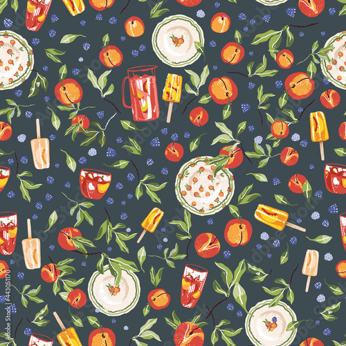 Background pattern of peaches on a green background.