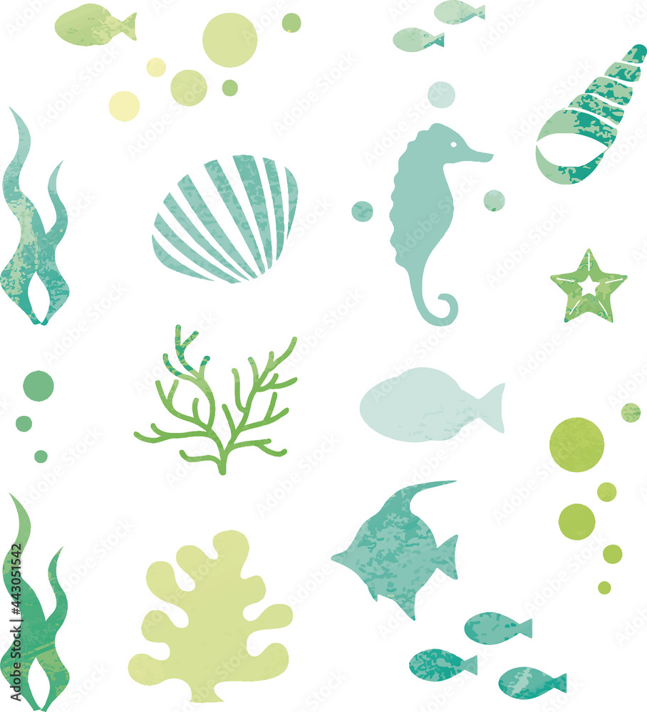 夏 海 魚 貝 海藻 シルエット 水彩 水彩タッチ アイコン イラスト素材セット Stock Vektorgrafik Adobe Stock