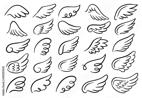 Vector set of wings. Bird feather wings, angel wings, black tattoo silhouette. Hand-drawn, doodle elements isolated on white background.