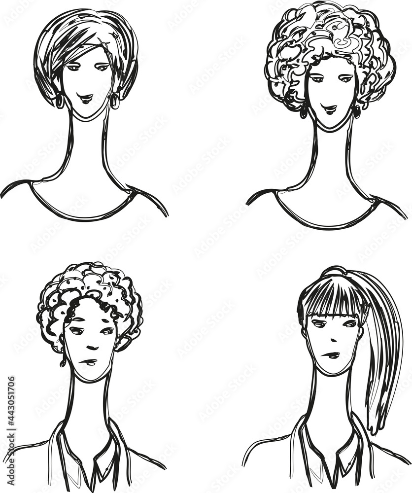 Vector outline drawings of doodle portraits young modern women Vector outline drawings of doodle portraits young modern women