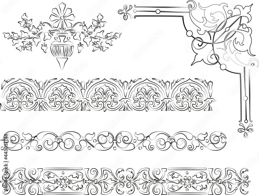 Vector outline drawings of various vintage borders and design elements