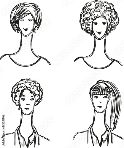Vector outline drawings of doodle portraits young modern women