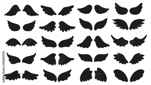 Vector set of silhouettes wings. Feathers angel wing, feathers bird, black tattoo silhouette. Hand-drawn, doodle elements isolated on white background.