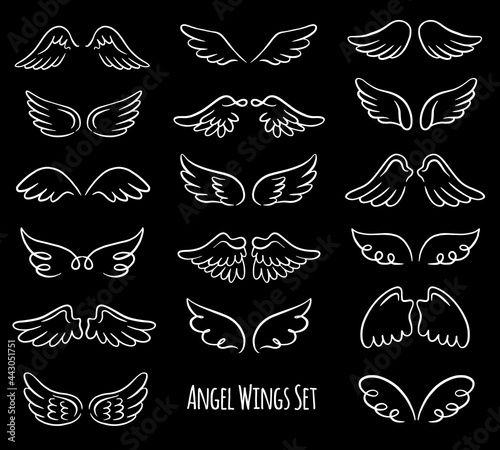 Vector set of different pairs of angel wings. White ink sketches feather angel wings, feathers bird wings. Hand-drawn, doodle elements isolated on black background.