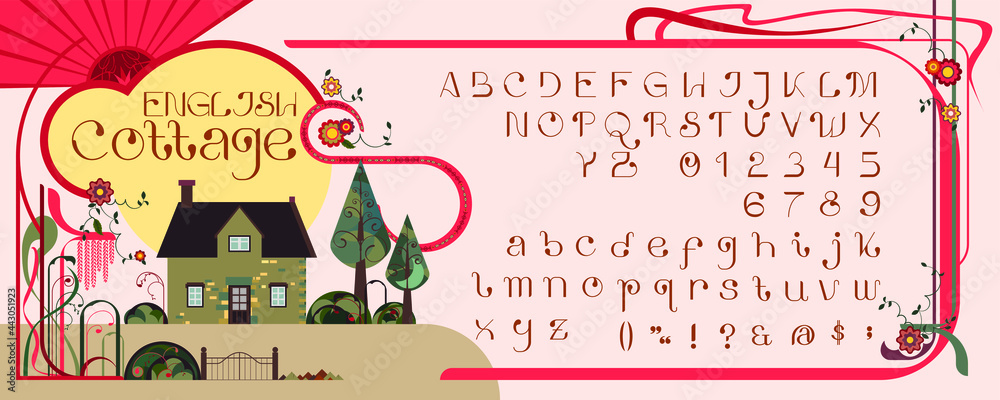 Art Nouveau inspired typeface decorated with English cottage home and whiplash styled vines. This art movement took different names on each country such as Arte nova in Portugal, Jugendstil in Germany