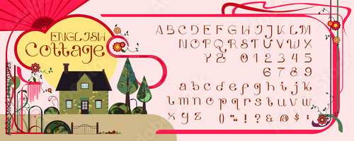 Art Nouveau inspired typeface decorated with English cottage home and whiplash styled vines. This art movement took different names on each country such as Arte nova in Portugal, Jugendstil in Germany